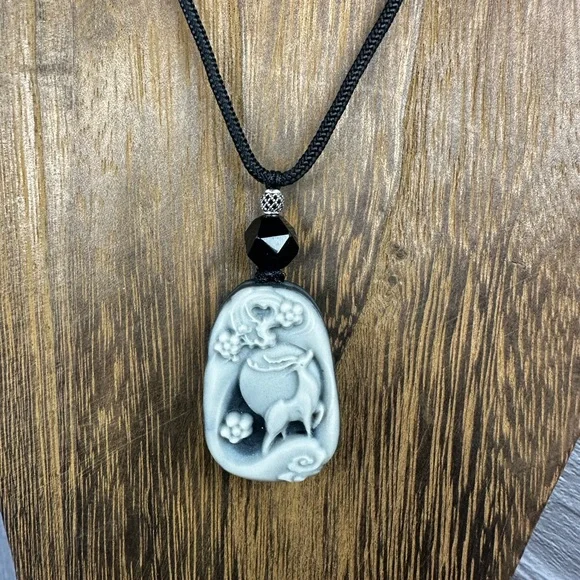 Tai Chi Stone Deer Pendant Necklace on Black Adjustable Rope - Picture 5 of 11